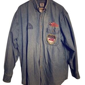 Denim workwear shirt. Tractor Pull Championship button-up with embroidery!  XL